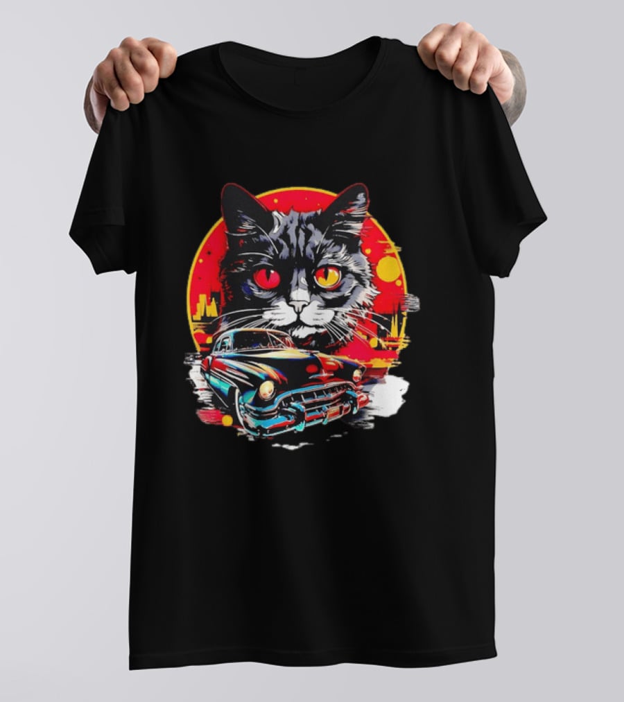 Black Cat With Vintage Classic Car And Retro Sunset T-Shirt