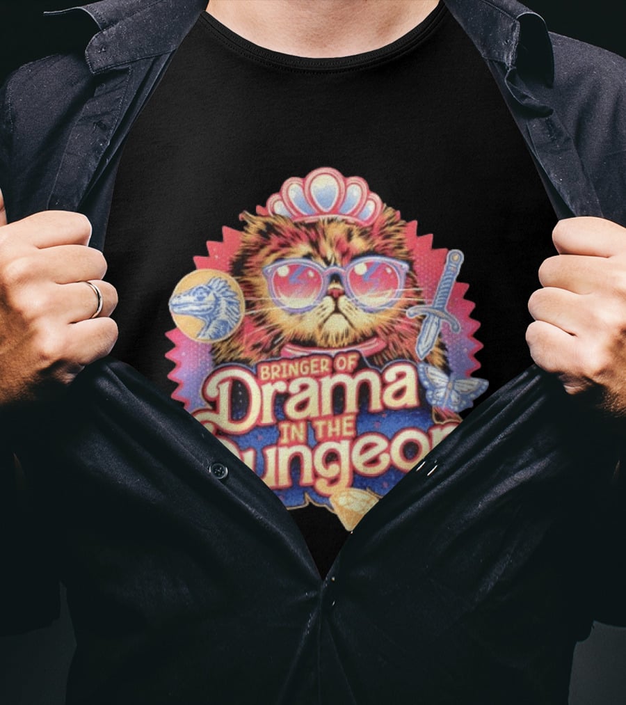 Bringer Of Drama In The Dungeon Cat With Raptor Dagger Butterfly Diamond T-Shirt
