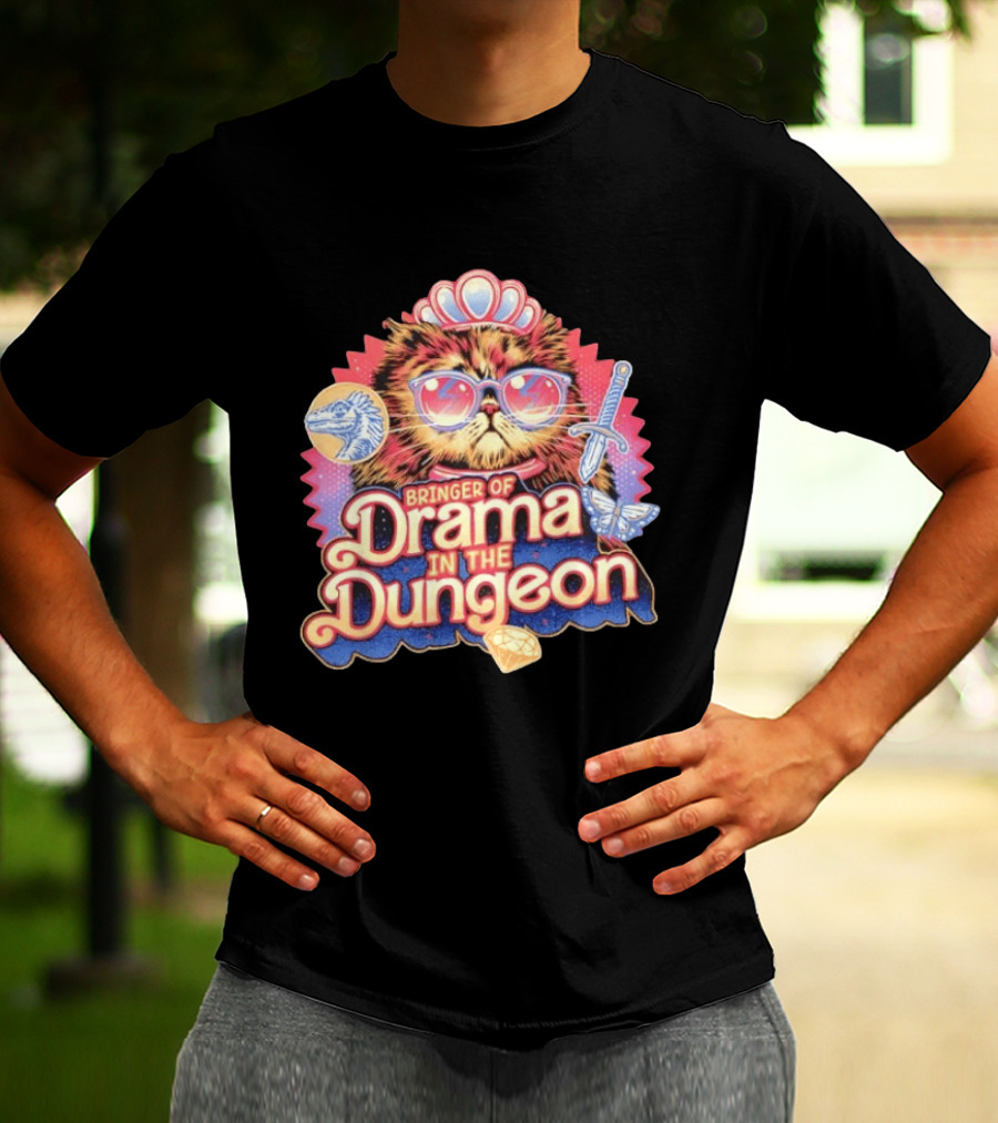Bringer Of Drama In The Dungeon Cat With Raptor Dagger Butterfly Diamond T-Shirt