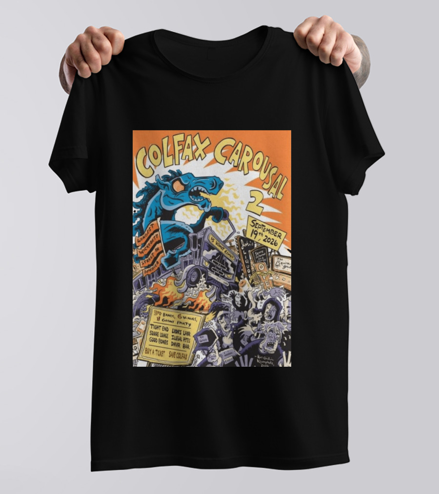 Colfax Carousal 2 Longest Wickedest Street September 19th 2026 Bands Venues Gory Party Denver CO T-Shirt