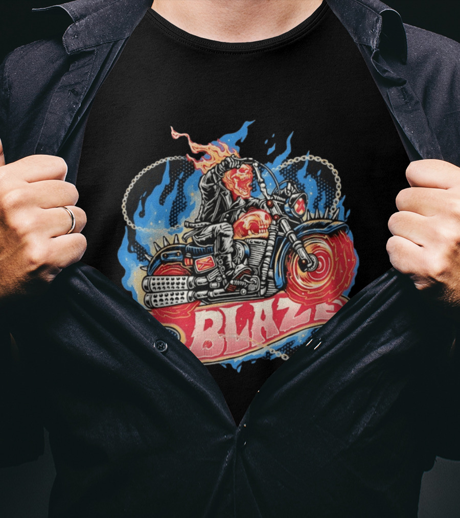 Blaze Flaming Skull Motorcycle Rider Blue Flame T-Shirt