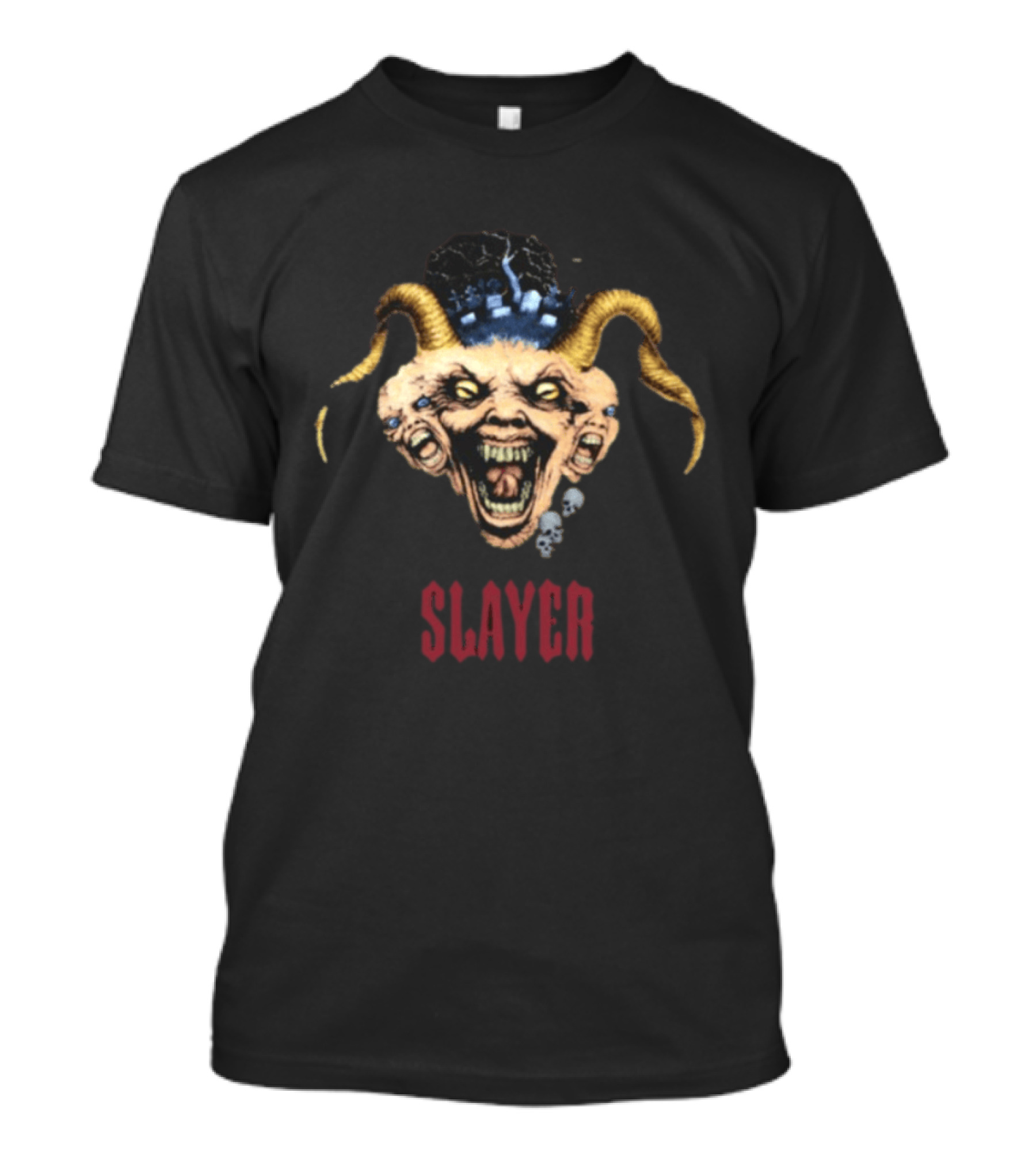 Slayer Triple Demon Head With Horns And Skulls T-Shirt