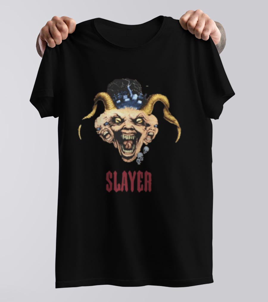 Slayer Triple Demon Head With Horns And Skulls T-Shirt