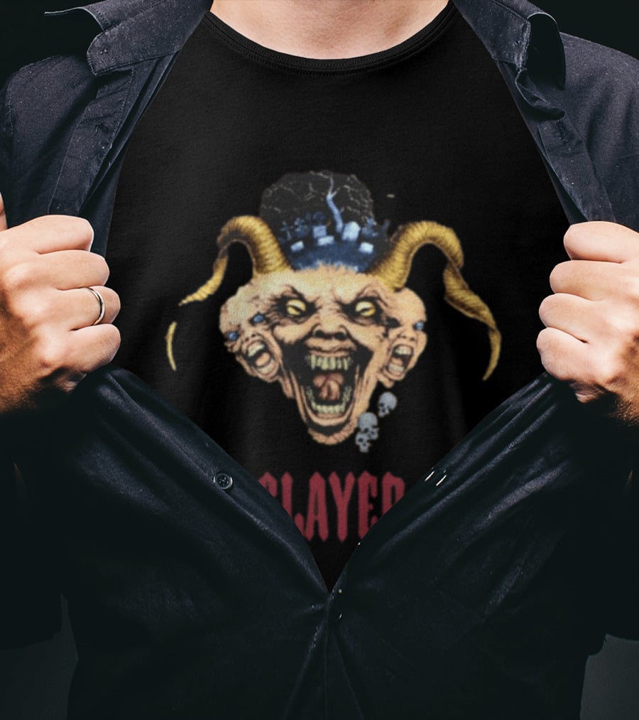 Slayer Triple Demon Head With Horns And Skulls T-Shirt