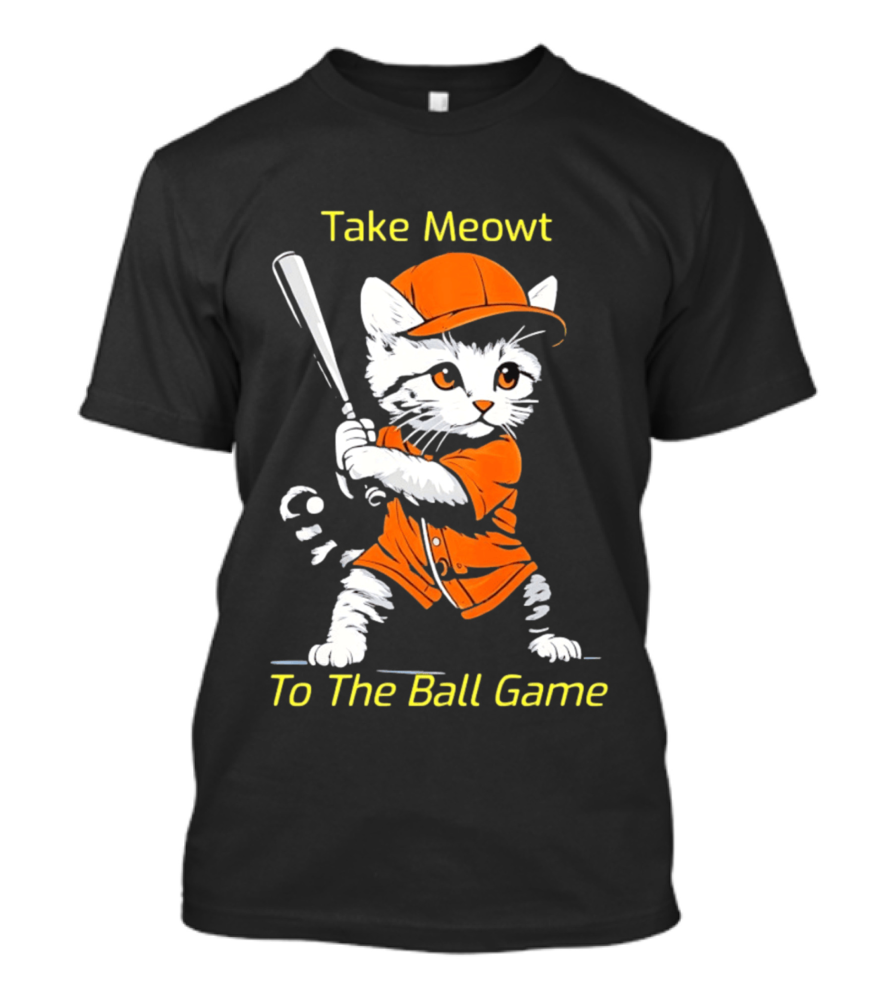 Take Meowt To The Ball Game Baseball Cat In Orange Uniform With Bat T-Shirt