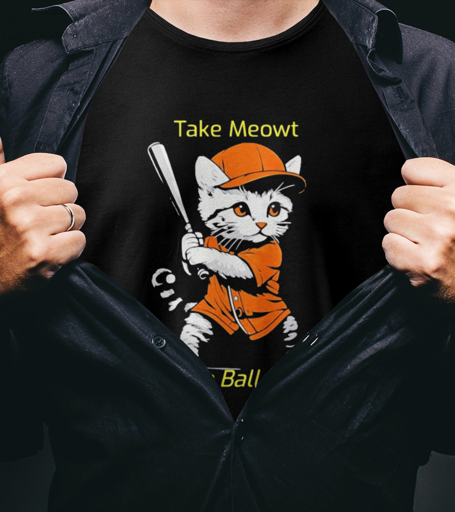 Take Meowt To The Ball Game Baseball Cat In Orange Uniform With Bat T-Shirt