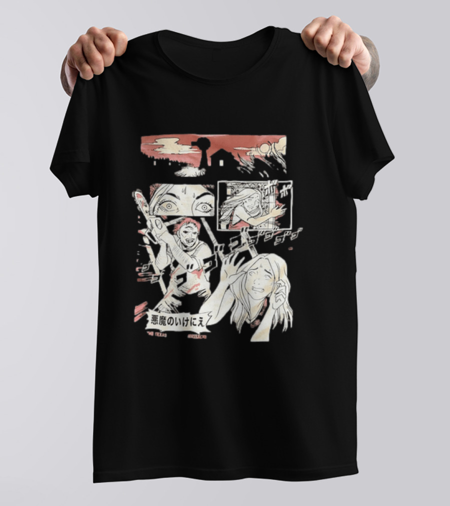 The Texas Chain Saw Massacre Manga Horror Panel With Japanese Text And Chainsaw Action T-Shirt