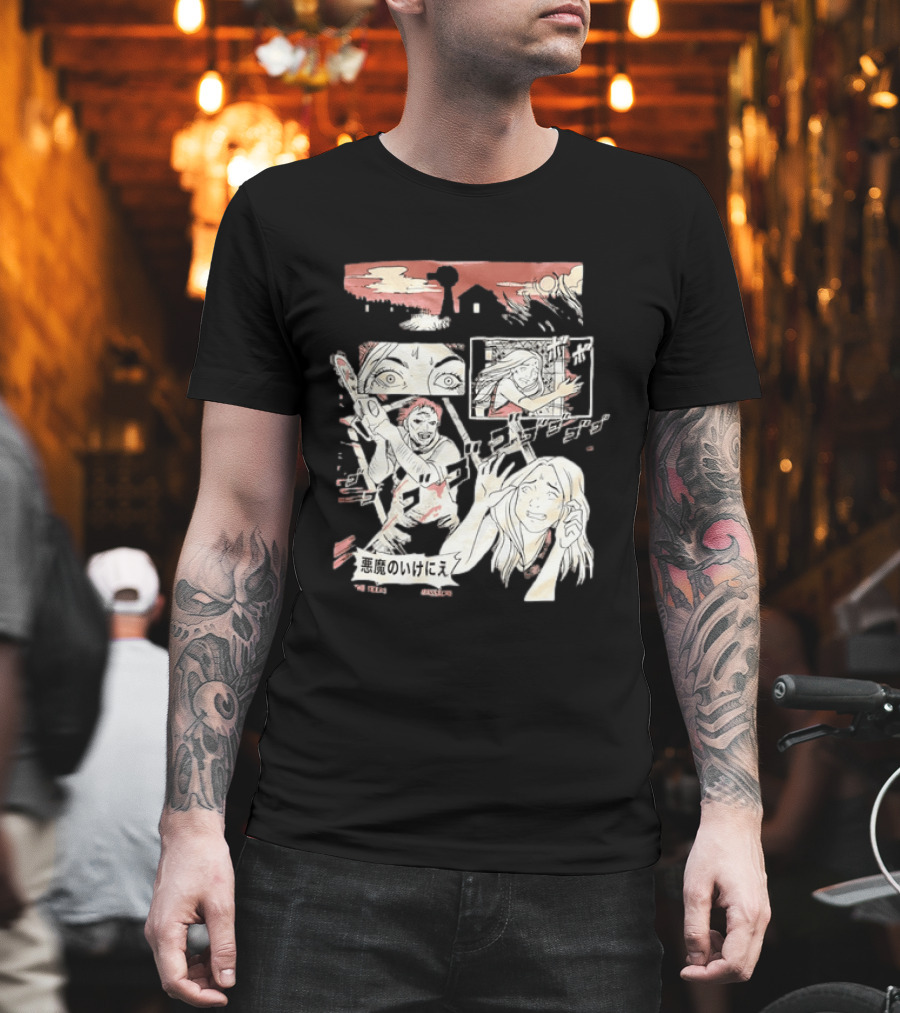 The Texas Chain Saw Massacre Manga Horror Panel With Japanese Text And Chainsaw Action T-Shirt
