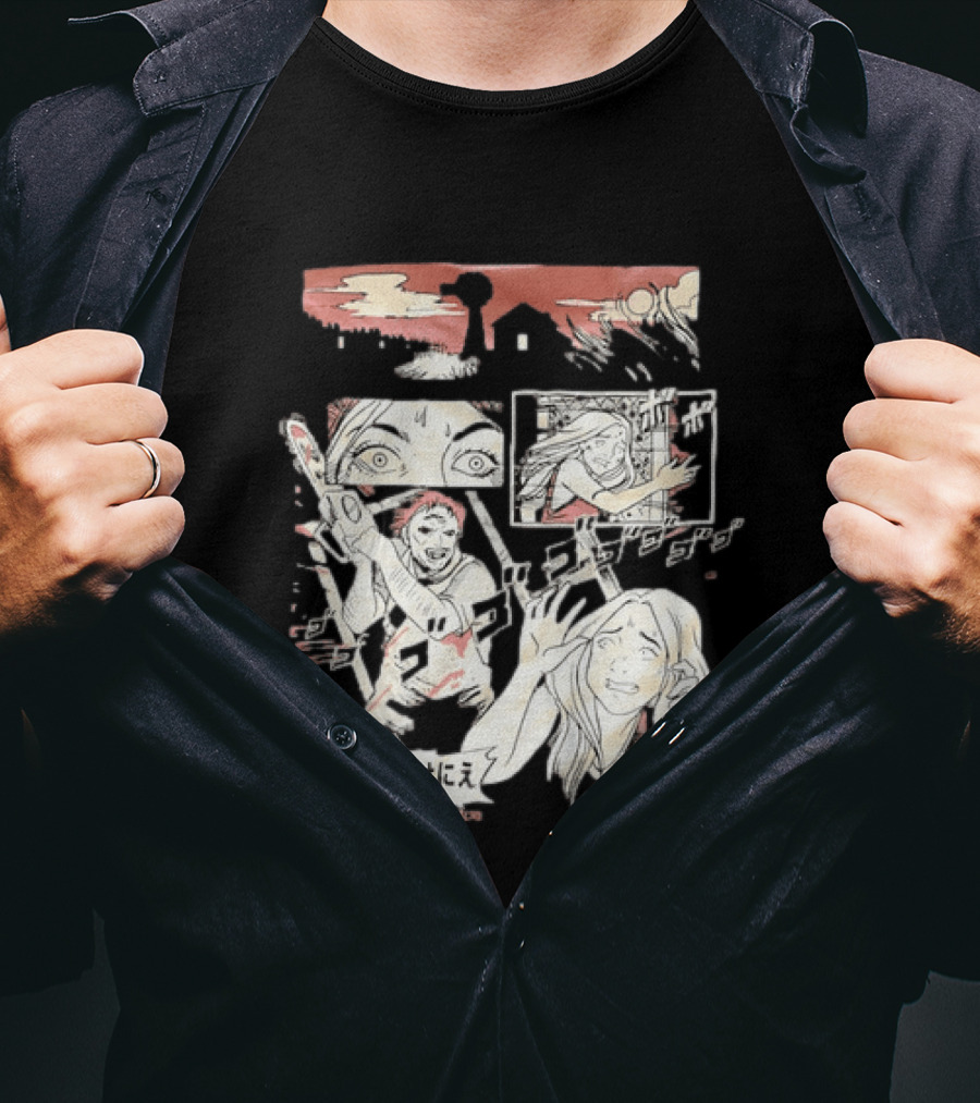 The Texas Chain Saw Massacre Manga Horror Panel With Japanese Text And Chainsaw Action T-Shirt