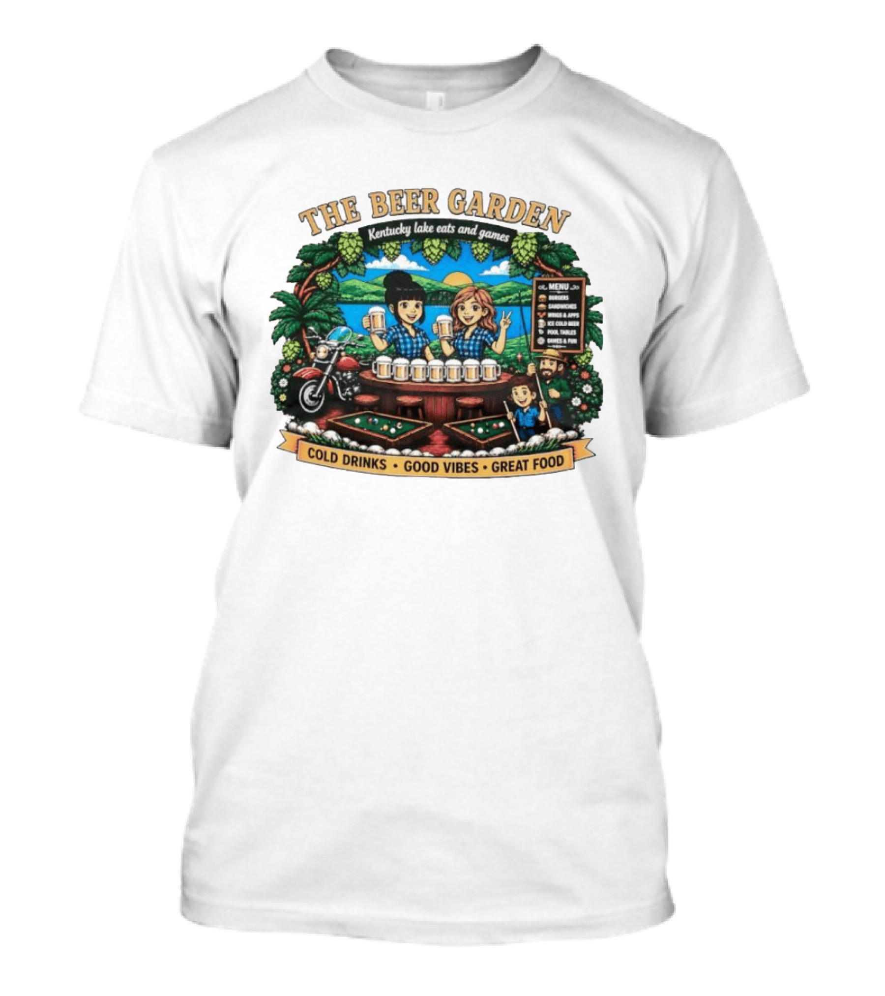 The Beer Garden Kentucky Lake Eats And Games Cold Drinks Good Vibes Great Food Burgers Sandwiches Wings Apps Relaxing Pool Tables Fun T-Shirt