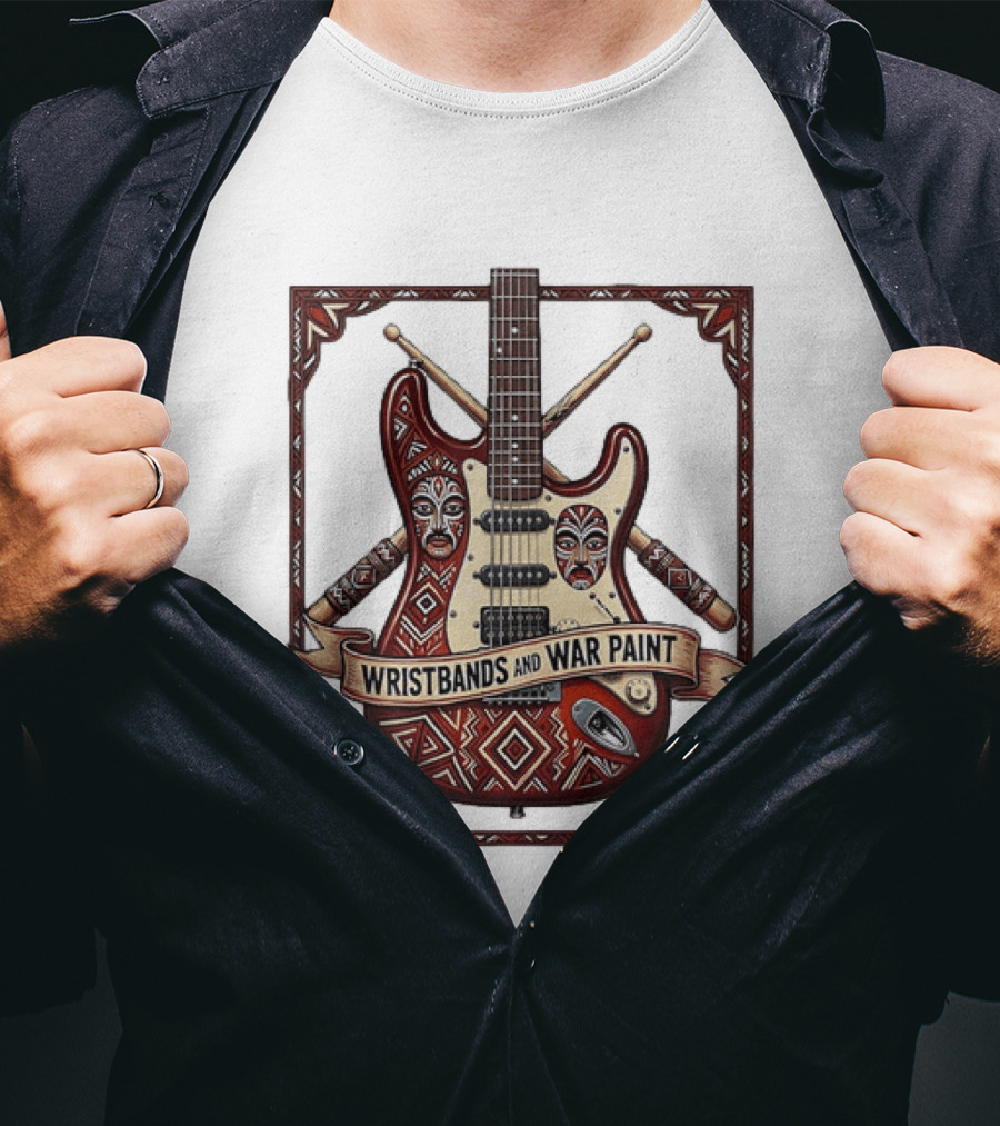 Wristbands And War Paint Electric Guitar Tribal Mask T-Shirt
