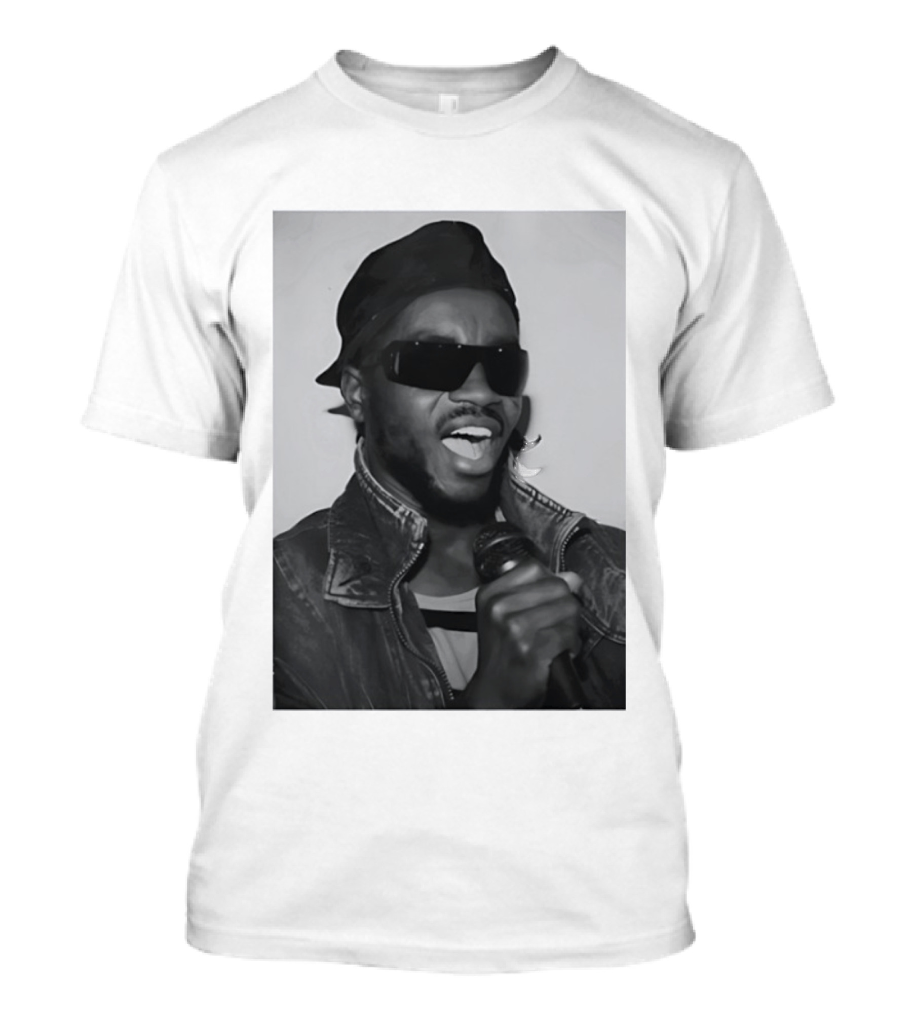 Ata Kak Iconic Ghanaian Musician Highlife Style Sunglasses Microphone Denim Jacket T-Shirt