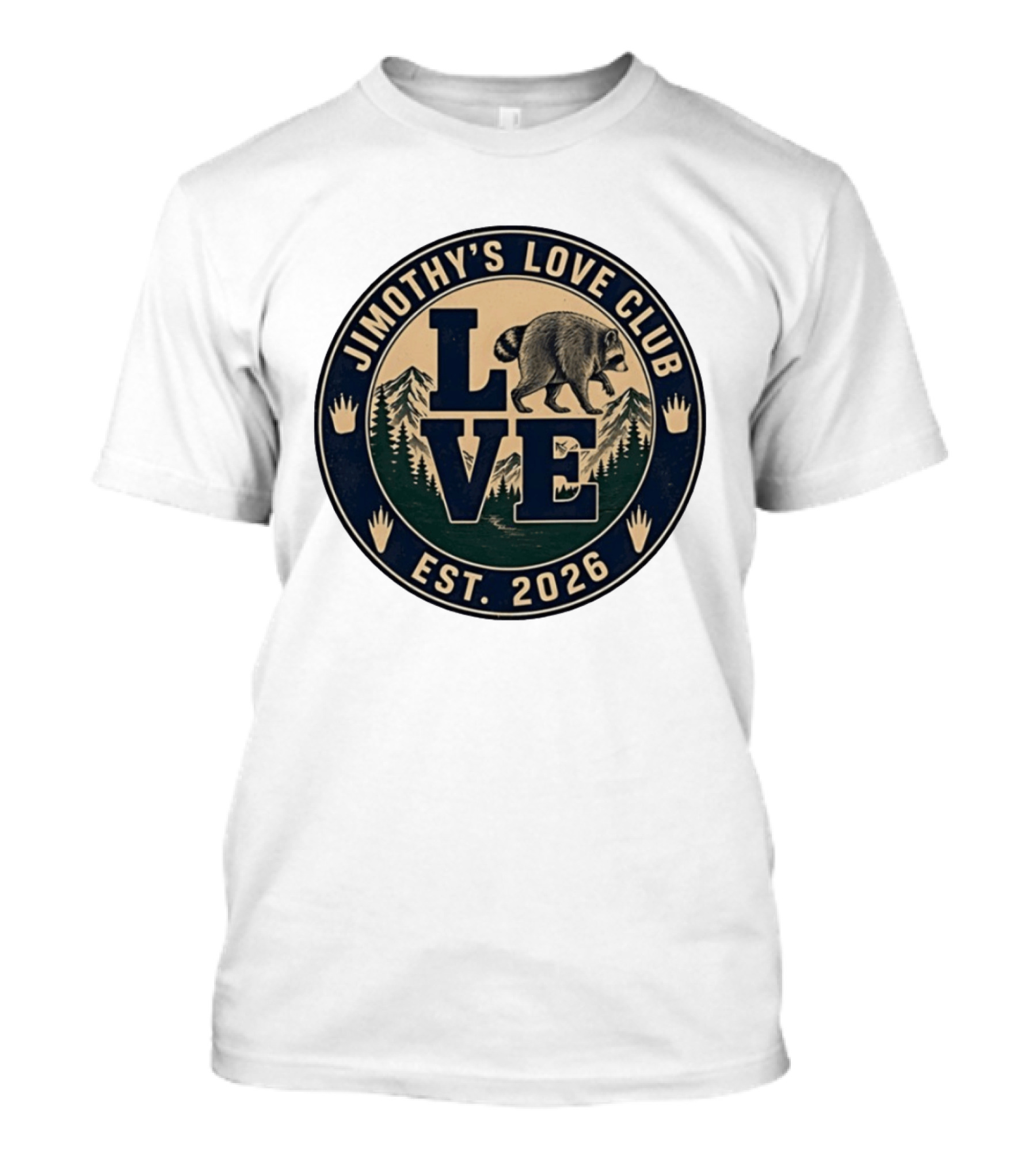 Jimothy's Love Club Raccoon Love Est 2026 Mountain Shield T-Shirt