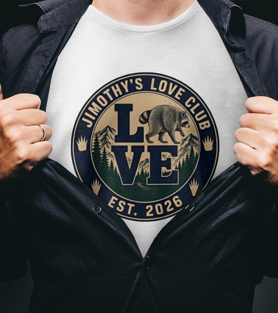 Jimothy's Love Club Raccoon Love Est 2026 Mountain Shield T-Shirt