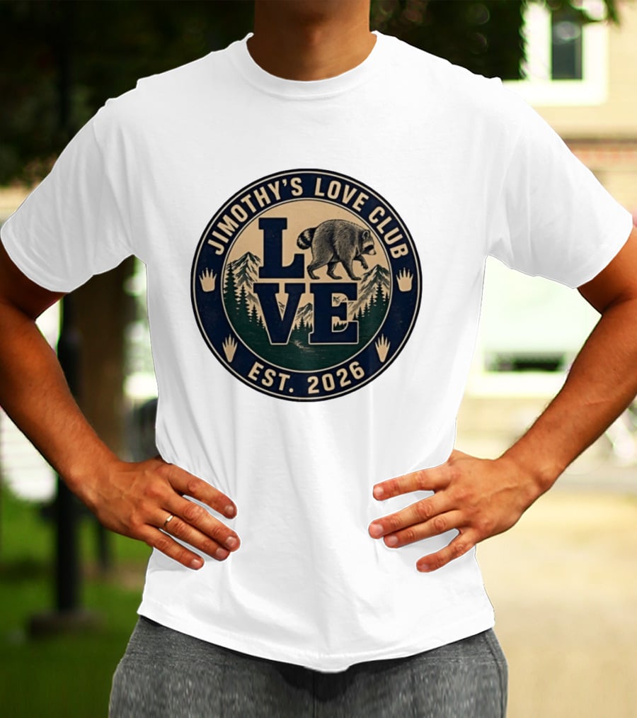 Jimothy's Love Club Raccoon Love Est 2026 Mountain Shield T-Shirt