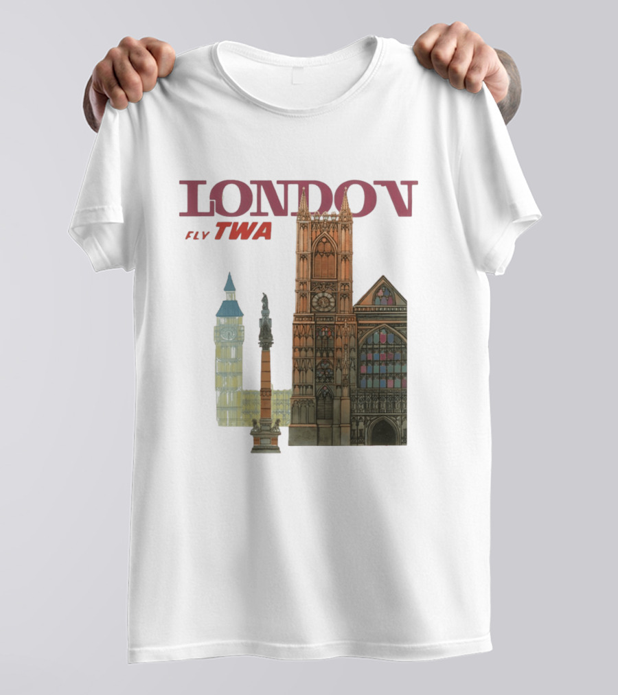 London Fly TWA Travel Big Ben Westminster Abbey Landmark T-Shirt