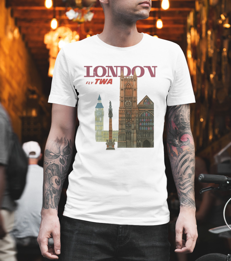 London Fly TWA Travel Big Ben Westminster Abbey Landmark T-Shirt