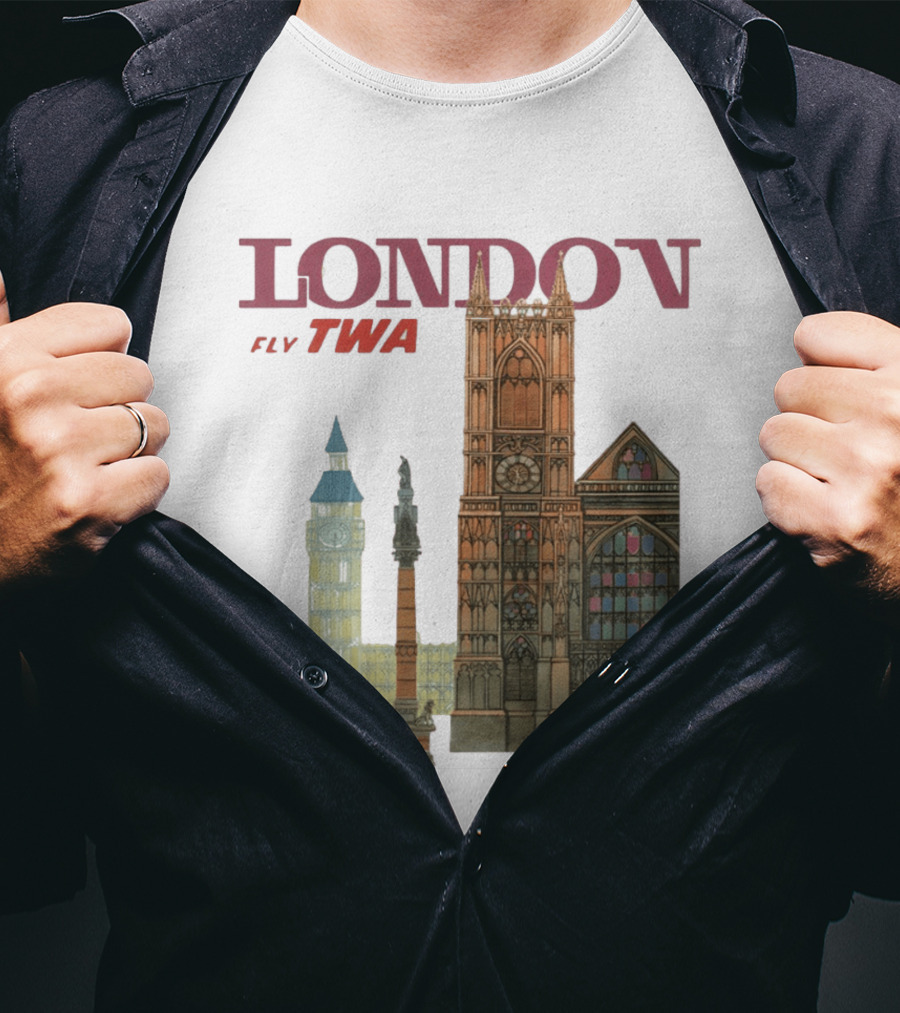 London Fly TWA Travel Big Ben Westminster Abbey Landmark T-Shirt