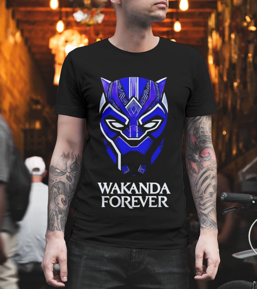 Wakanda Forever Blue Black Panther Mask Marvel T-Shirt