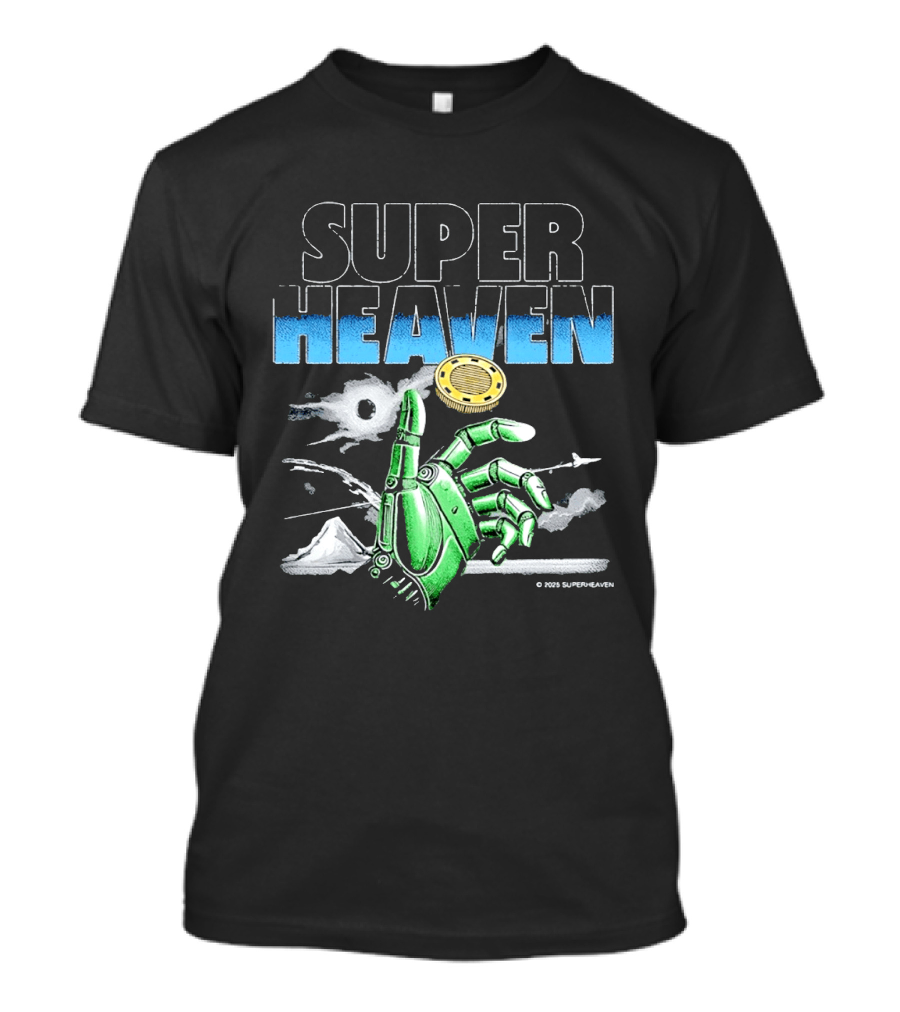 Superheaven Robotic Hand Space Adventure Coin And Mountain Scene T-Shirt