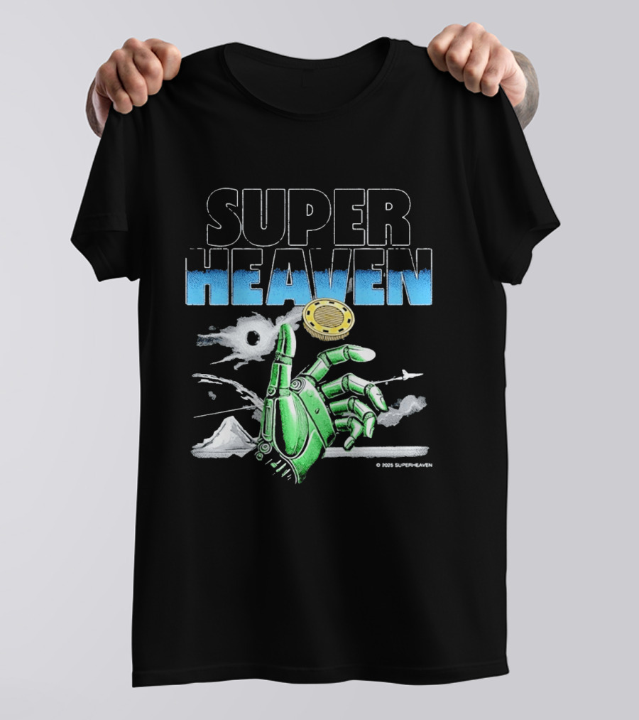 Superheaven Robotic Hand Space Adventure Coin And Mountain Scene T-Shirt