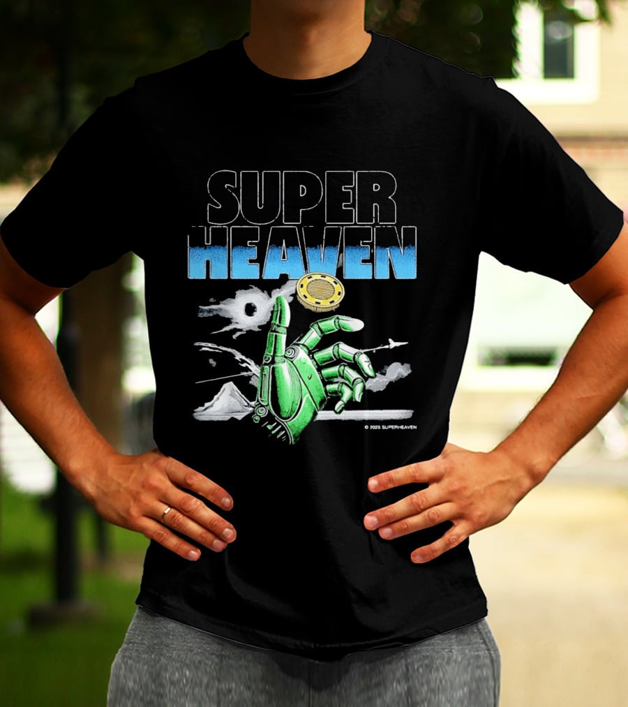 Superheaven Robotic Hand Space Adventure Coin And Mountain Scene T-Shirt