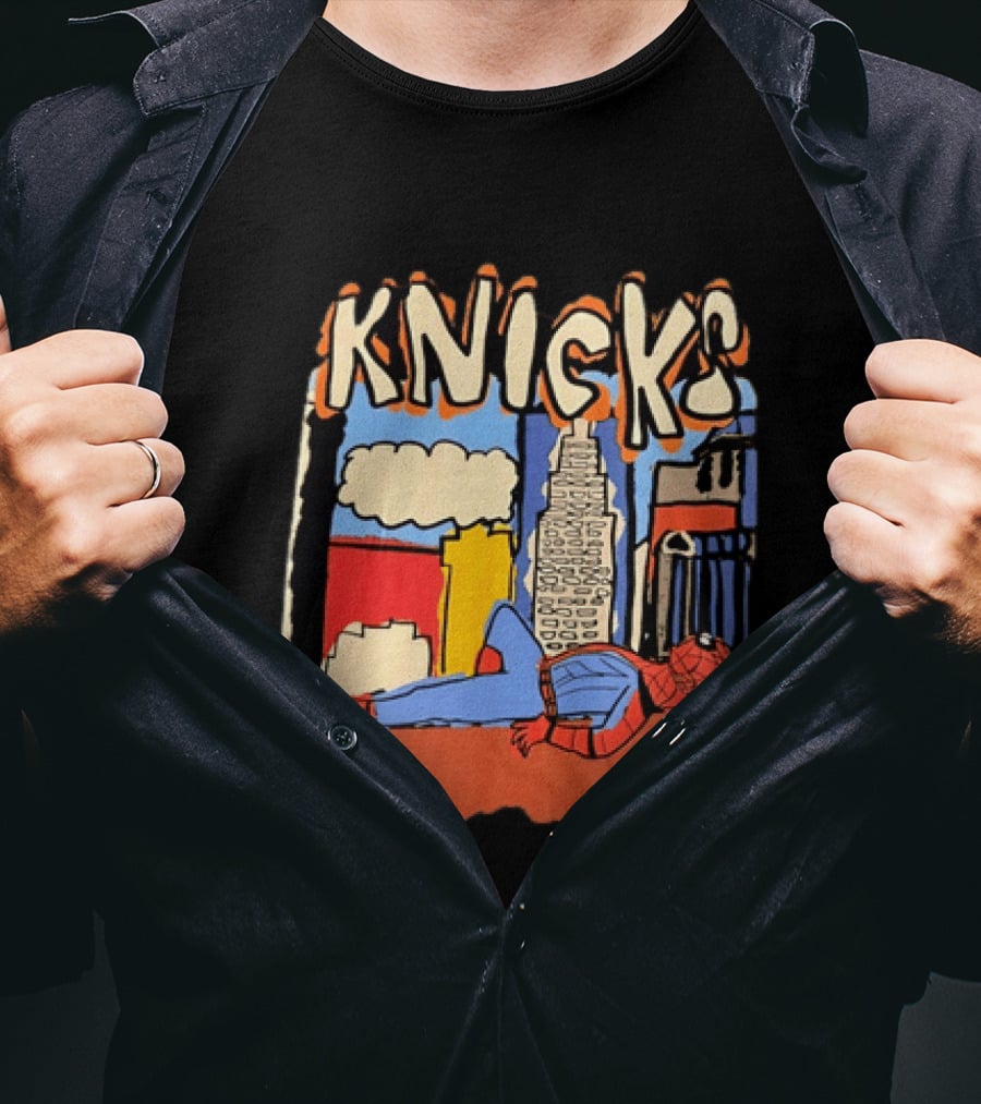 New York Knicks Spiderman Marvel NBA Basketball Skyline T-Shirt