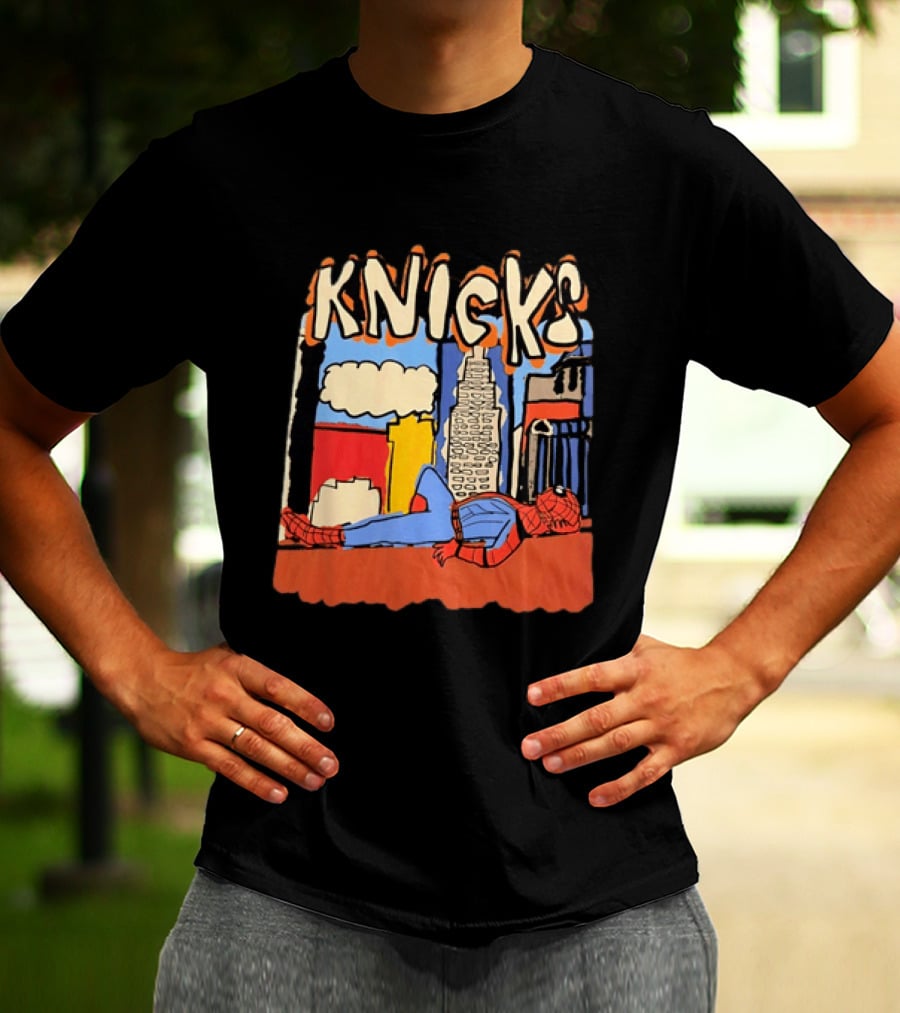 New York Knicks Spiderman Marvel NBA Basketball Skyline T-Shirt