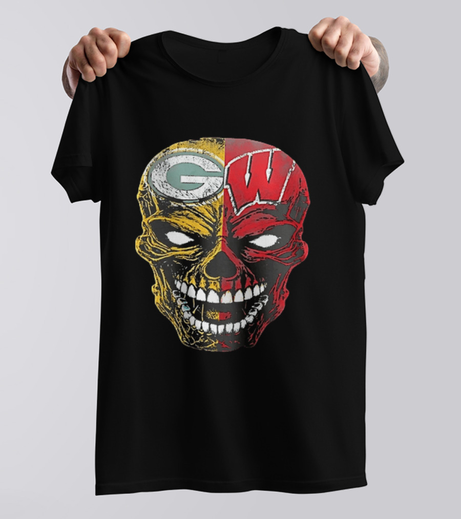 Wisconsin Green Bay Packers Badgers G W Skull Black T-Shirt