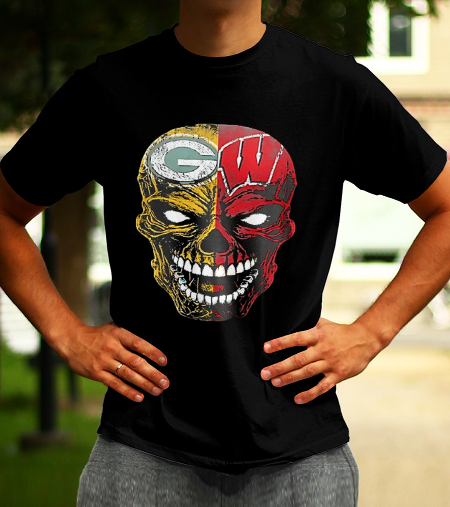 Wisconsin Green Bay Packers Badgers G W Skull Black T-Shirt
