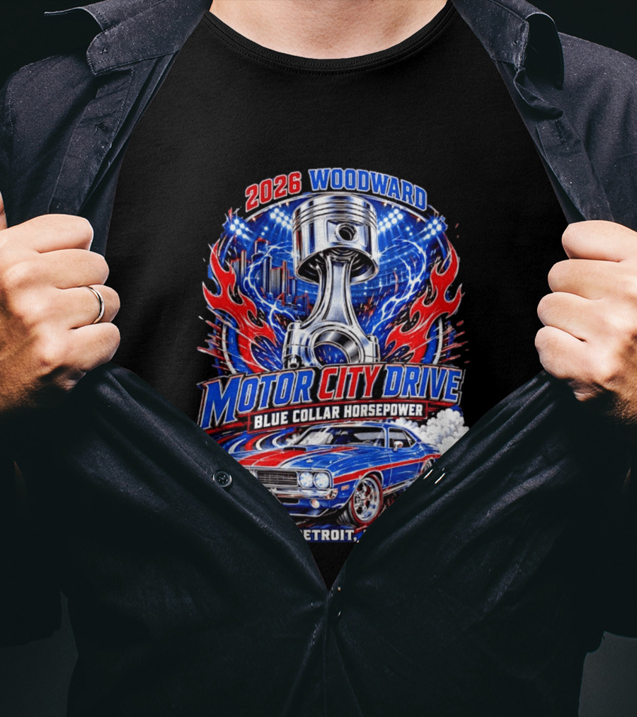 2026 Woodward Motor City Drive Blue Collar Horsepower Detroit MI M1 T-Shirt