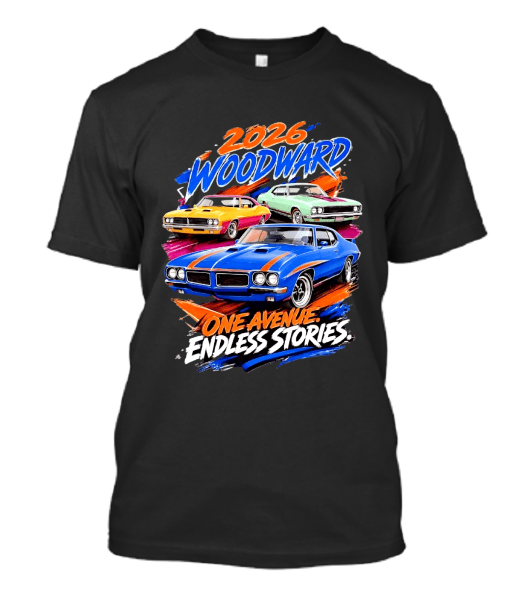 2026 Woodward One Avenue Endless Stories Muscle Car T-Shirt