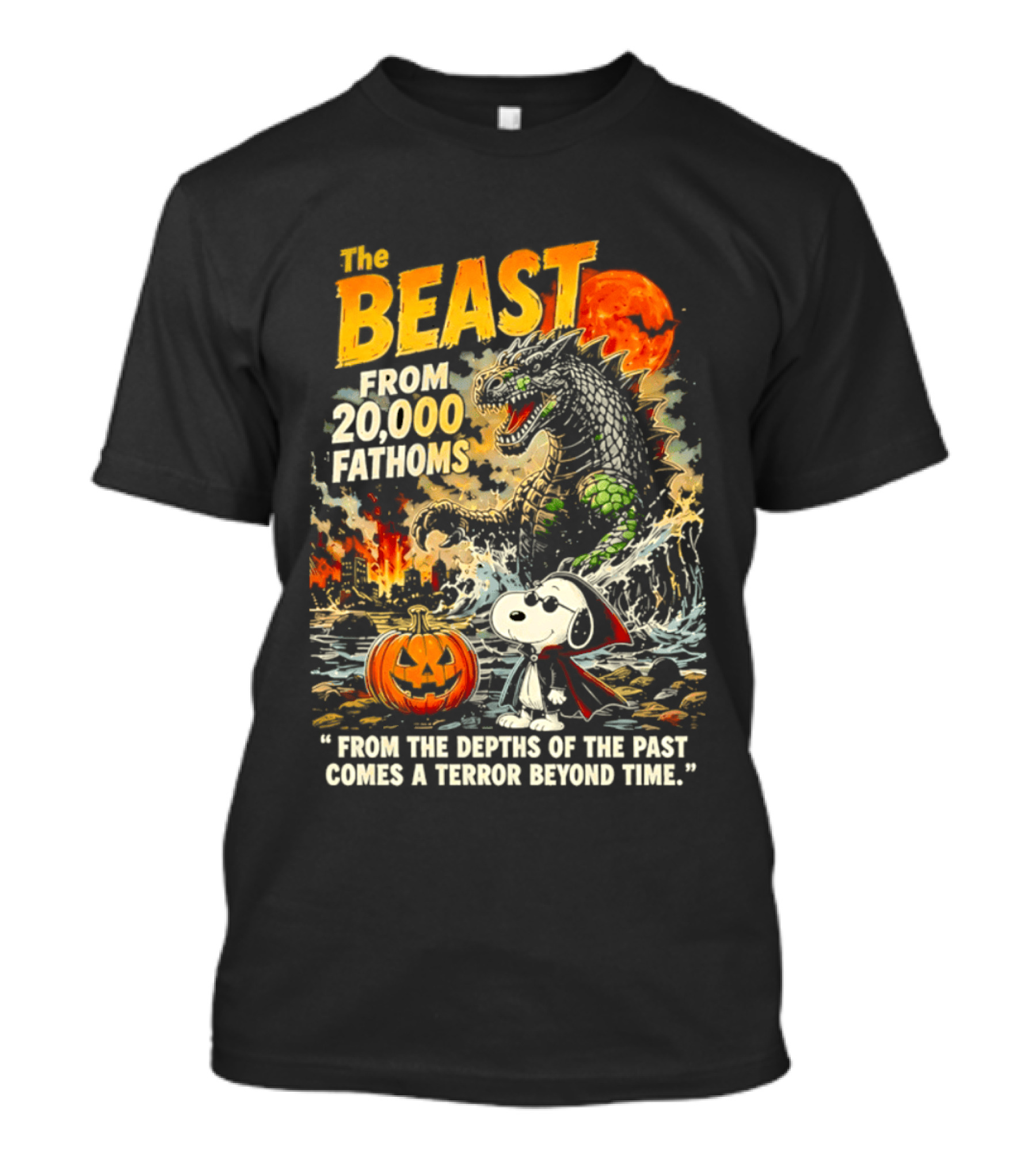 Snoopy And The Beast From 20000 Fathoms Halloween Pumpkin Terror T-Shirt