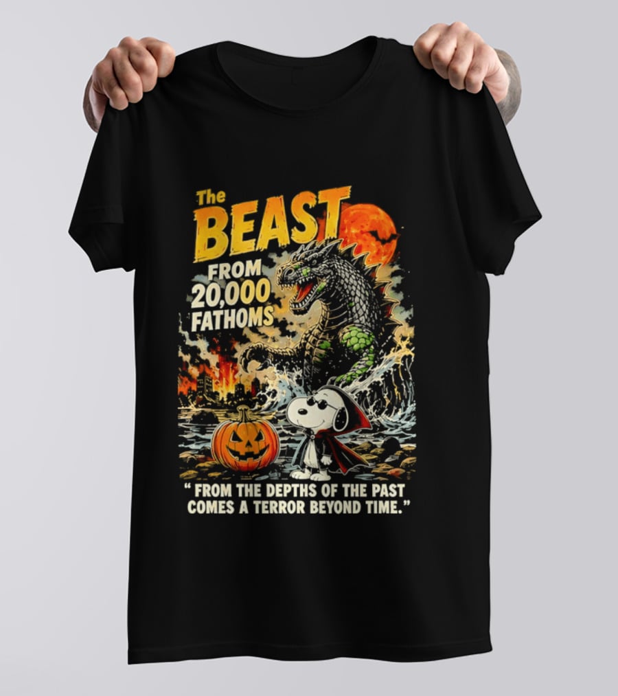 Snoopy And The Beast From 20000 Fathoms Halloween Pumpkin Terror T-Shirt