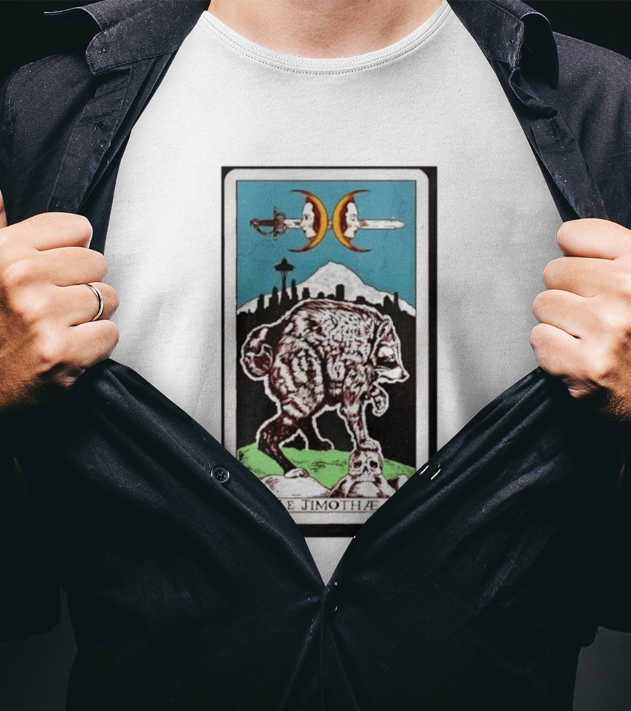 Le Jimothae Raccoon Tarot Seattle Skyline Moon Swords T-Shirt
