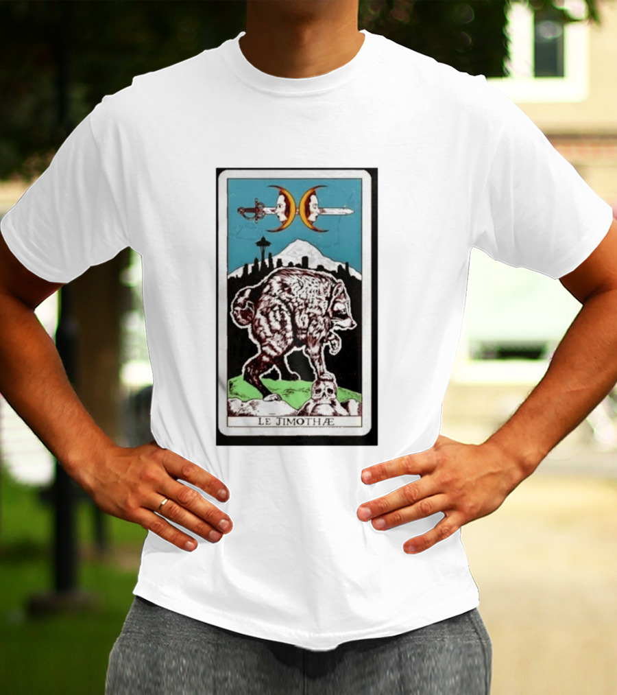 Le Jimothae Raccoon Tarot Seattle Skyline Moon Swords T-Shirt