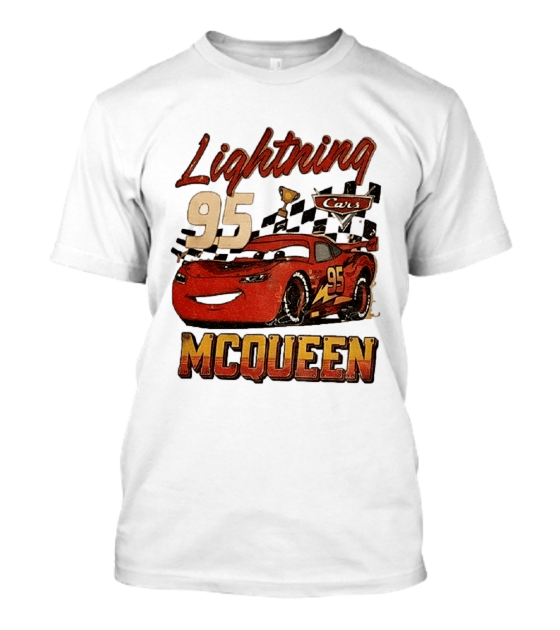 Lightning McQueen 95 Cars Trophy Checkered Flags Disney Pixar T-Shirt