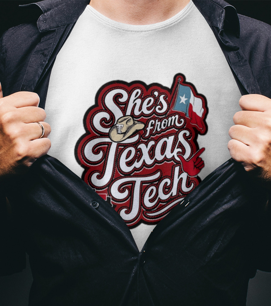 She's From Texas Tech Red Raiders Cowboy Hat Flag T-Shirt
