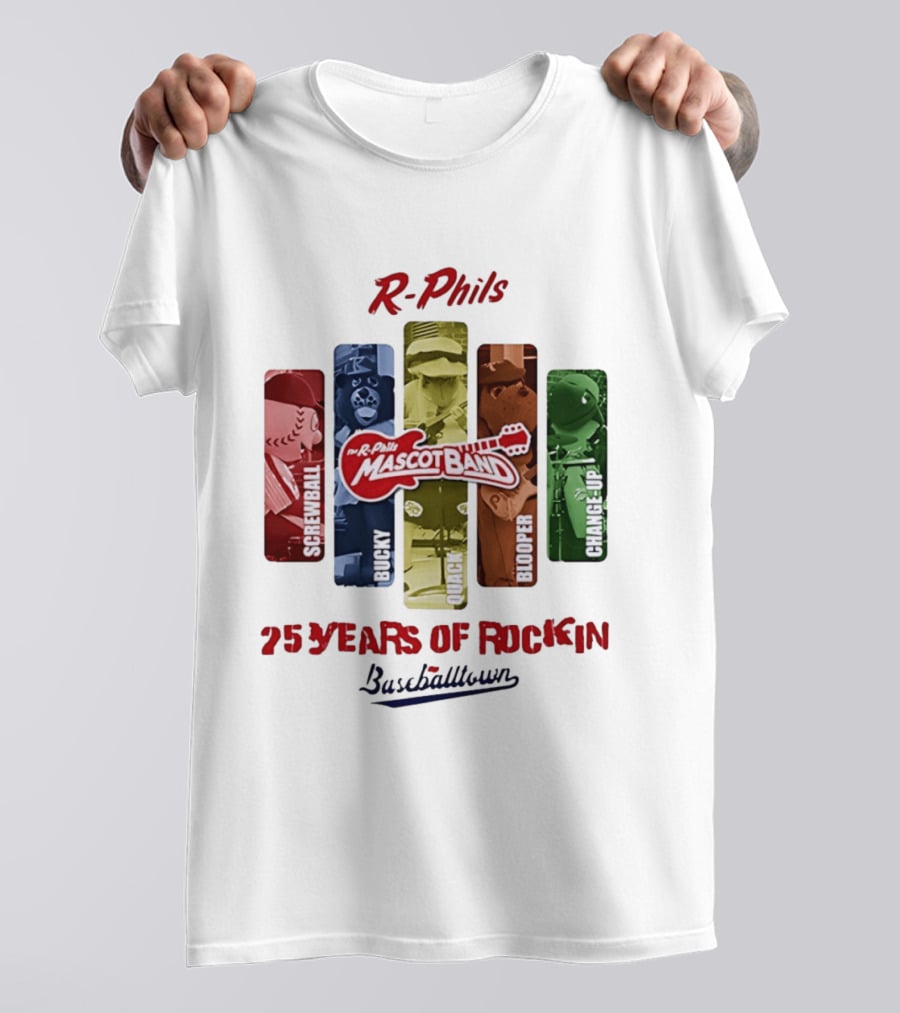 R Phils Mascot Band Screwball Bucky Quack Blooper Change Up 25 Years Of Rockin Baseballtown T-Shirt