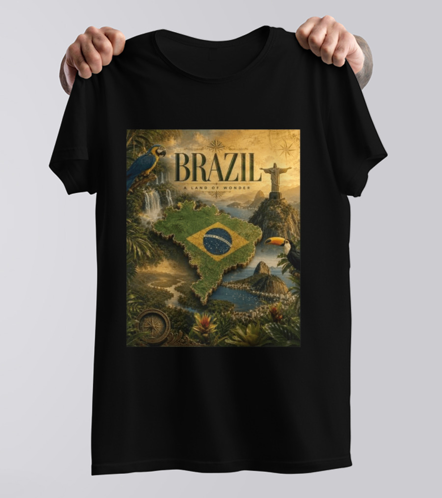 Brazil A Land Of Wonder Ordem E Progresso Christ The Redeemer Amazon Rainforest Toucan Macaw Waterfalls T-Shirt
