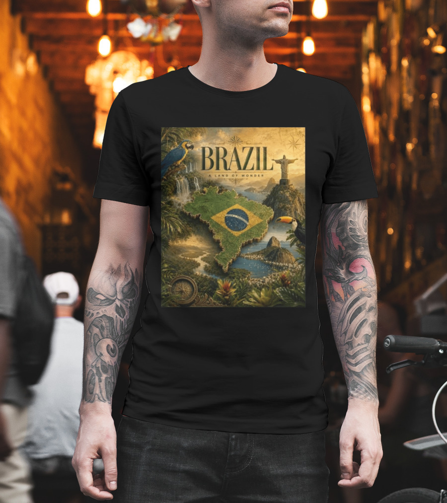 Brazil A Land Of Wonder Ordem E Progresso Christ The Redeemer Amazon Rainforest Toucan Macaw Waterfalls T-Shirt