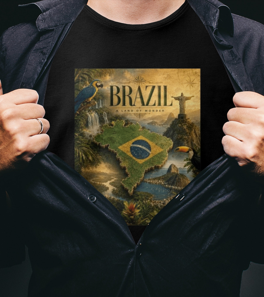 Brazil A Land Of Wonder Ordem E Progresso Christ The Redeemer Amazon Rainforest Toucan Macaw Waterfalls T-Shirt