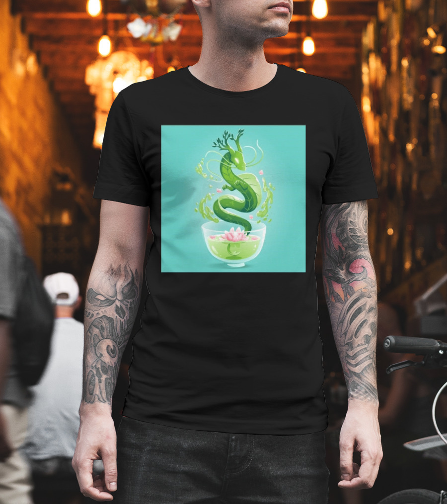 Green Tea Dragon In Teacup With Blossoms And Leaves T-Shirt