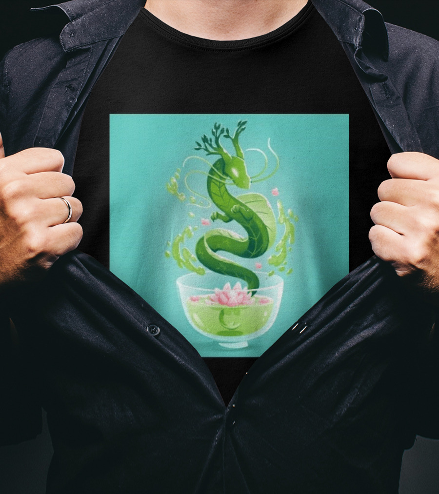 Green Tea Dragon In Teacup With Blossoms And Leaves T-Shirt