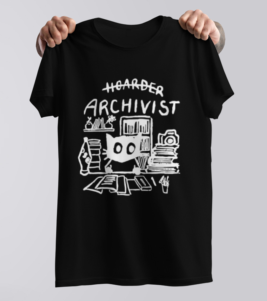 Hoarder Archivist Cat Surrounded By Books And Files T-Shirt