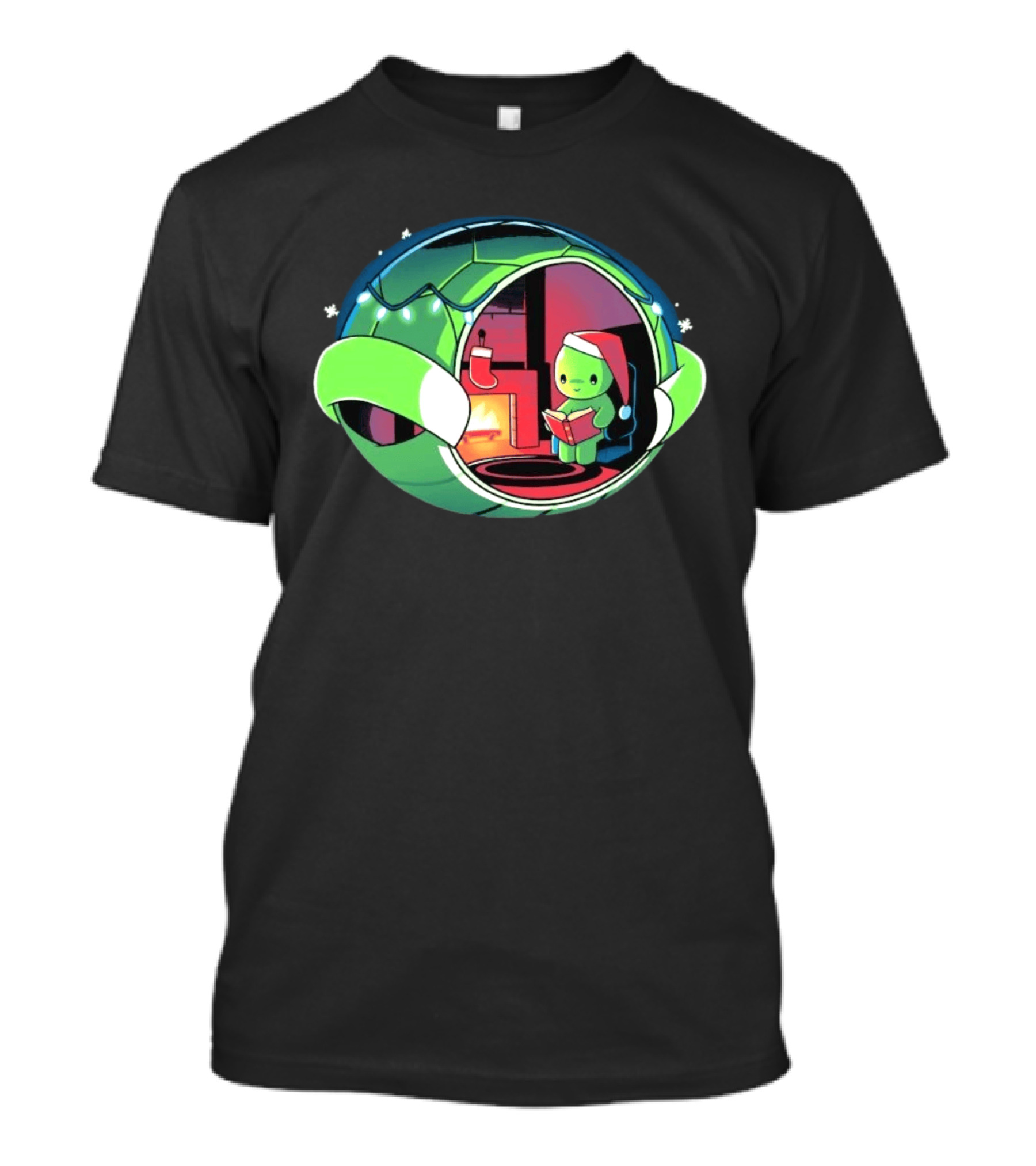 Christmas Turtle Cozy Holiday Scene With Santa Hat And Fireplace T-Shirt