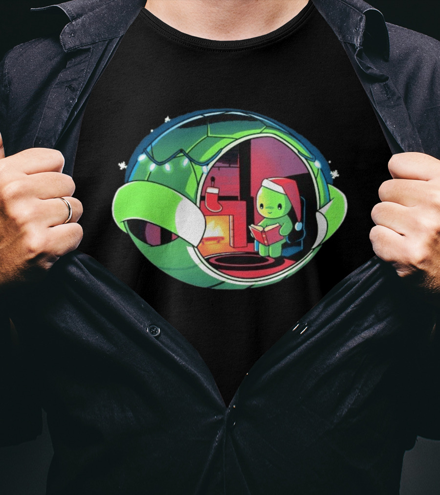 Christmas Turtle Cozy Holiday Scene With Santa Hat And Fireplace T-Shirt
