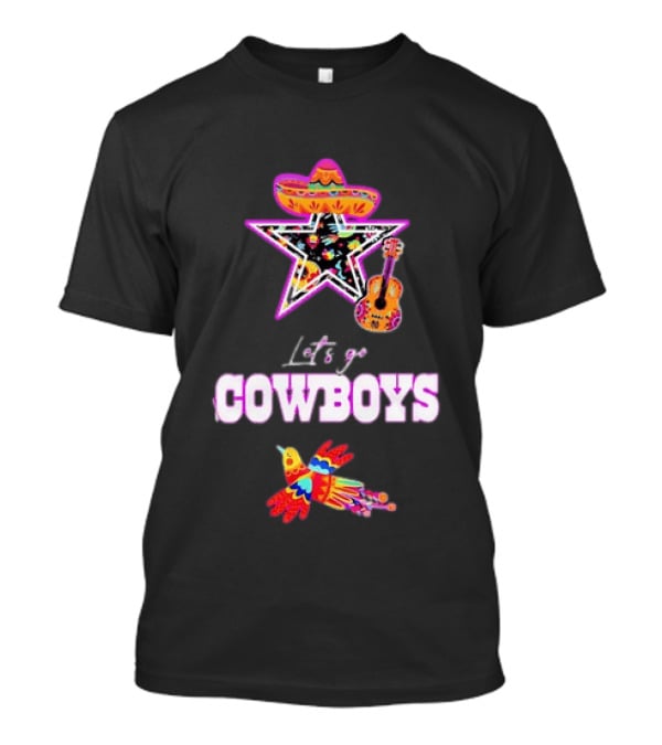 Let's Go Cowboys Mexican Folk Sombrero Star Guitar Bird T-Shirt