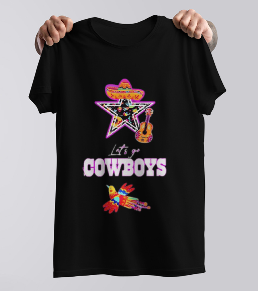 Let's Go Cowboys Mexican Folk Sombrero Star Guitar Bird T-Shirt