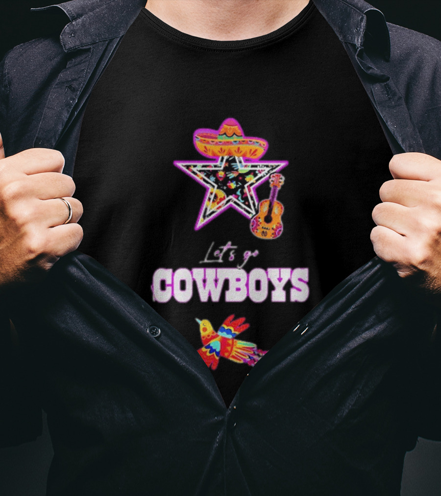 Let's Go Cowboys Mexican Folk Sombrero Star Guitar Bird T-Shirt
